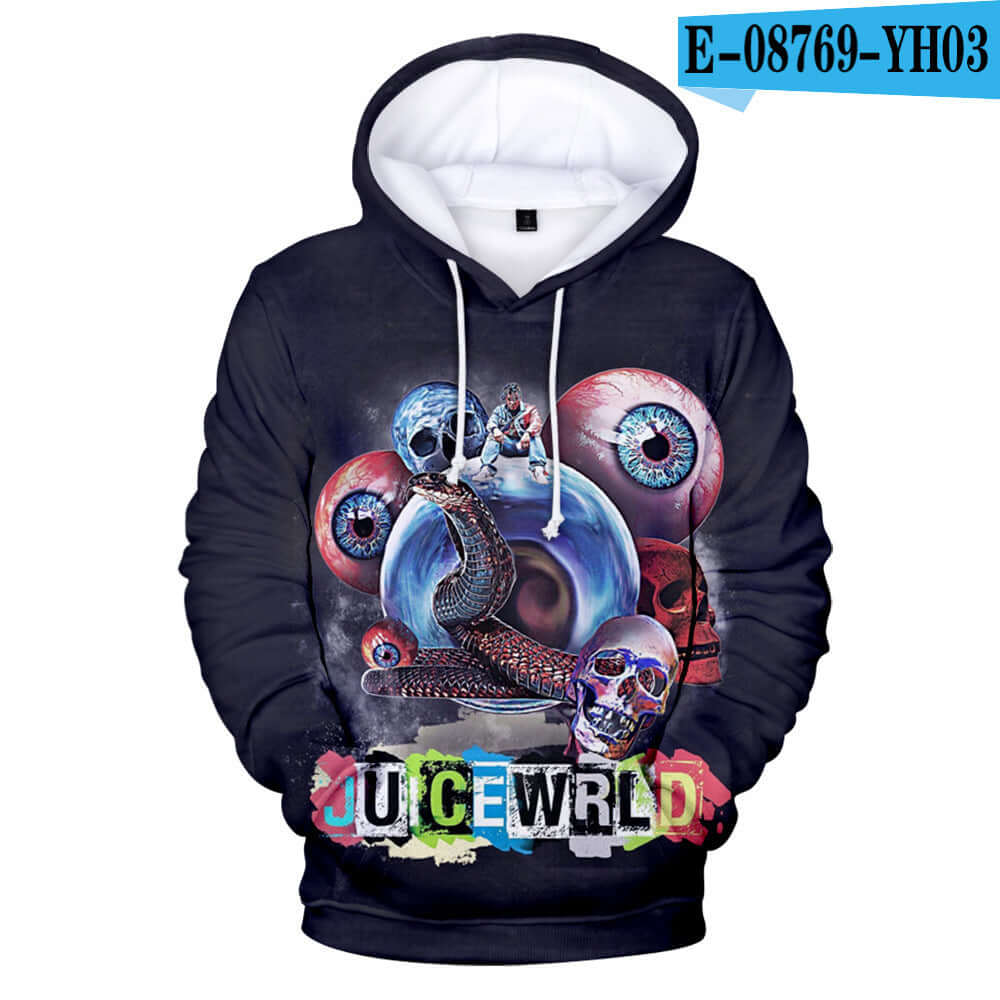 3D hoodie featuring hip-hop artist Juice Wrld design, vibrant colors, and unique graphics, perfect for fans.
