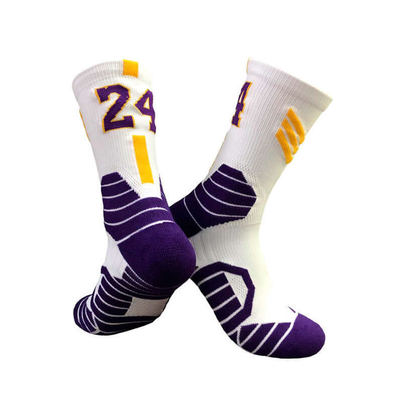 Superstar basketball socks featuring vibrant purple and white design with number 24, suitable for adults and kids.