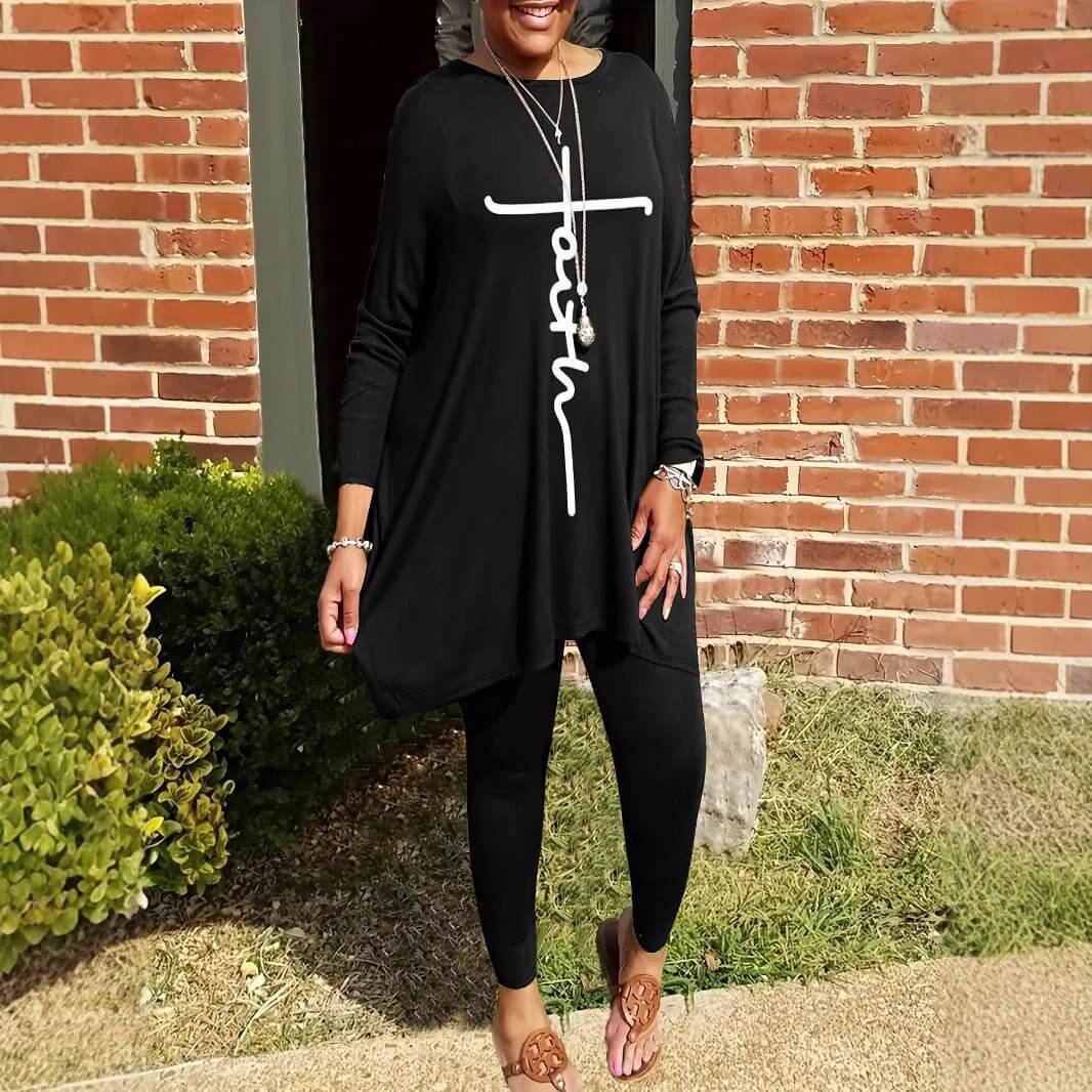 Round Neck Loose Long Sleeves Solid Color Printed Plus Size Women's Clothing Two - piece Set - DBMP (Electronics And More Store)