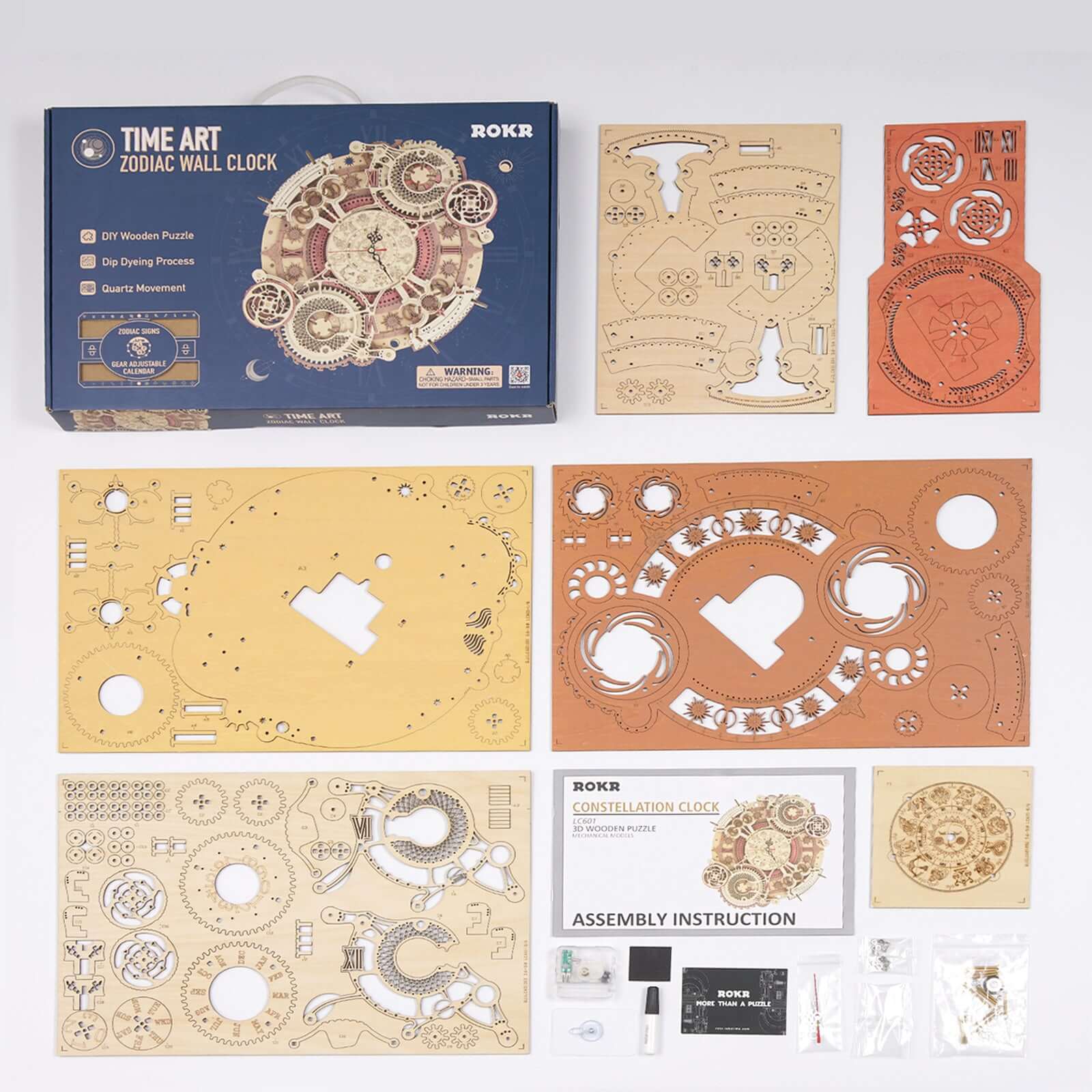 Robotime ROKR Zodiac Wall Clock 3D wooden puzzle model parts and assembly instructions for kids and teens.