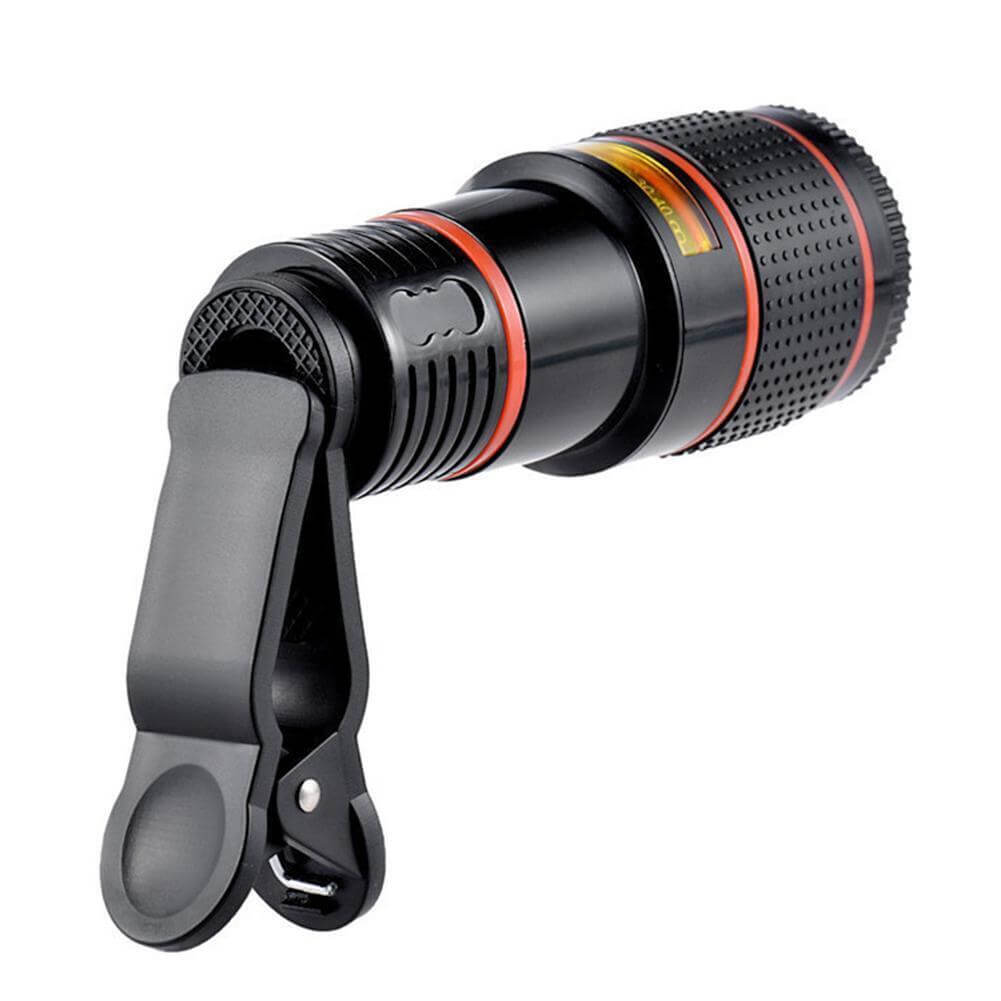 HD 8X clip-on optical zoom telescope lens for mobile phones, features a black design with a clip for easy attachment.
