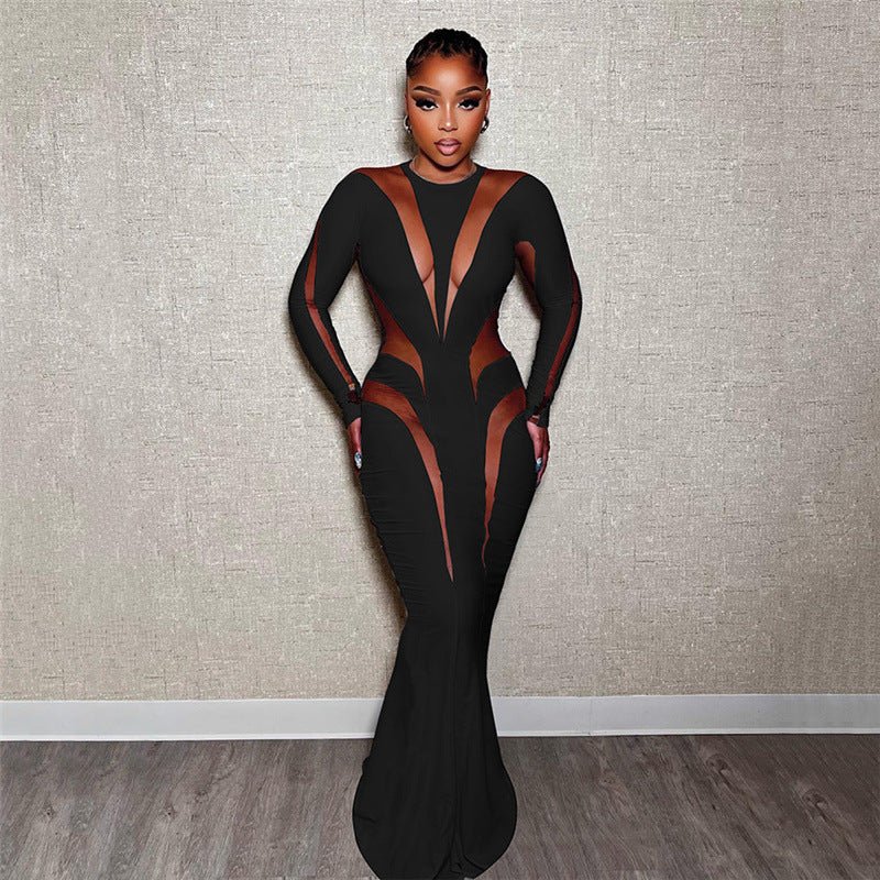 Mesh Stitching Solid Color Elegant Slim Slimming Dress - DBMP Shop