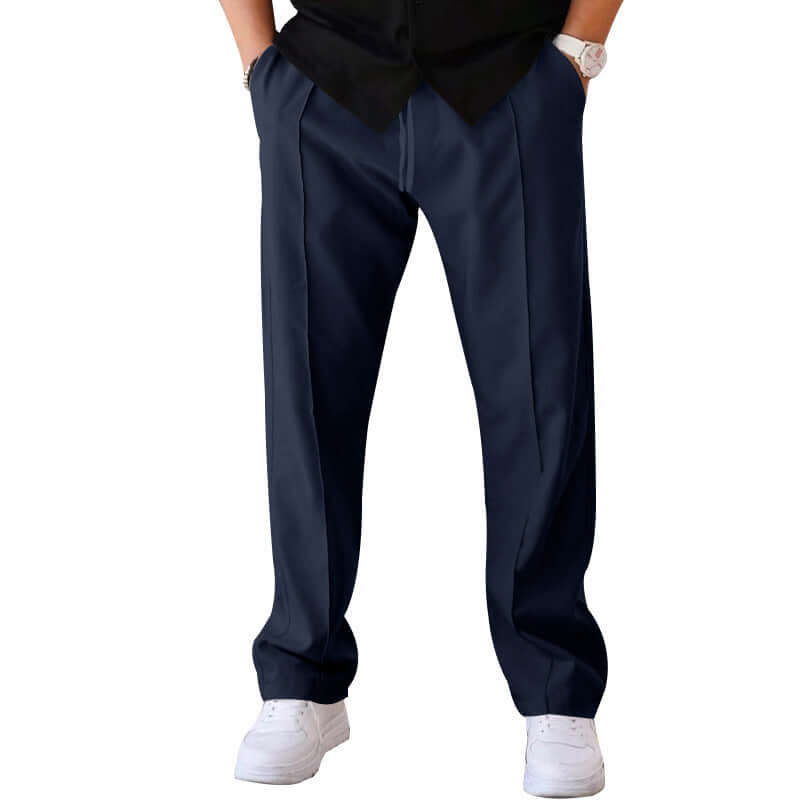 Men's casual loose straight trousers in navy blue with drawstring design, ideal for sporty and stylish wear.