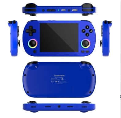 AMPOWN RG40XXH WIFI game machine in blue, displaying front, back, and sides, ideal for nostalgic gaming experiences.
