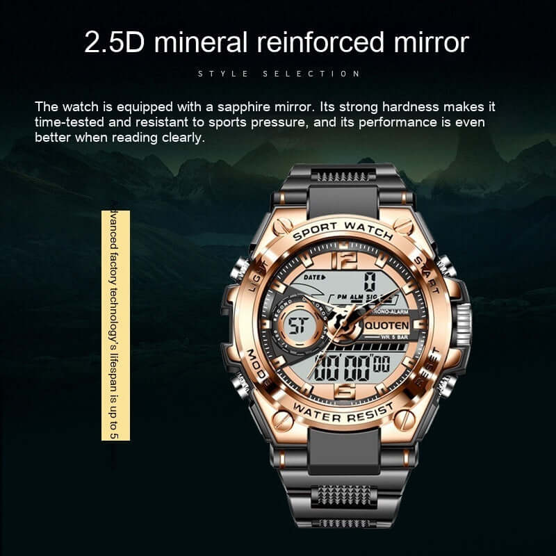 Waterproof sports electronic quartz watch featuring 2.5D mineral glass, multi-function, and stylish design for men and women.