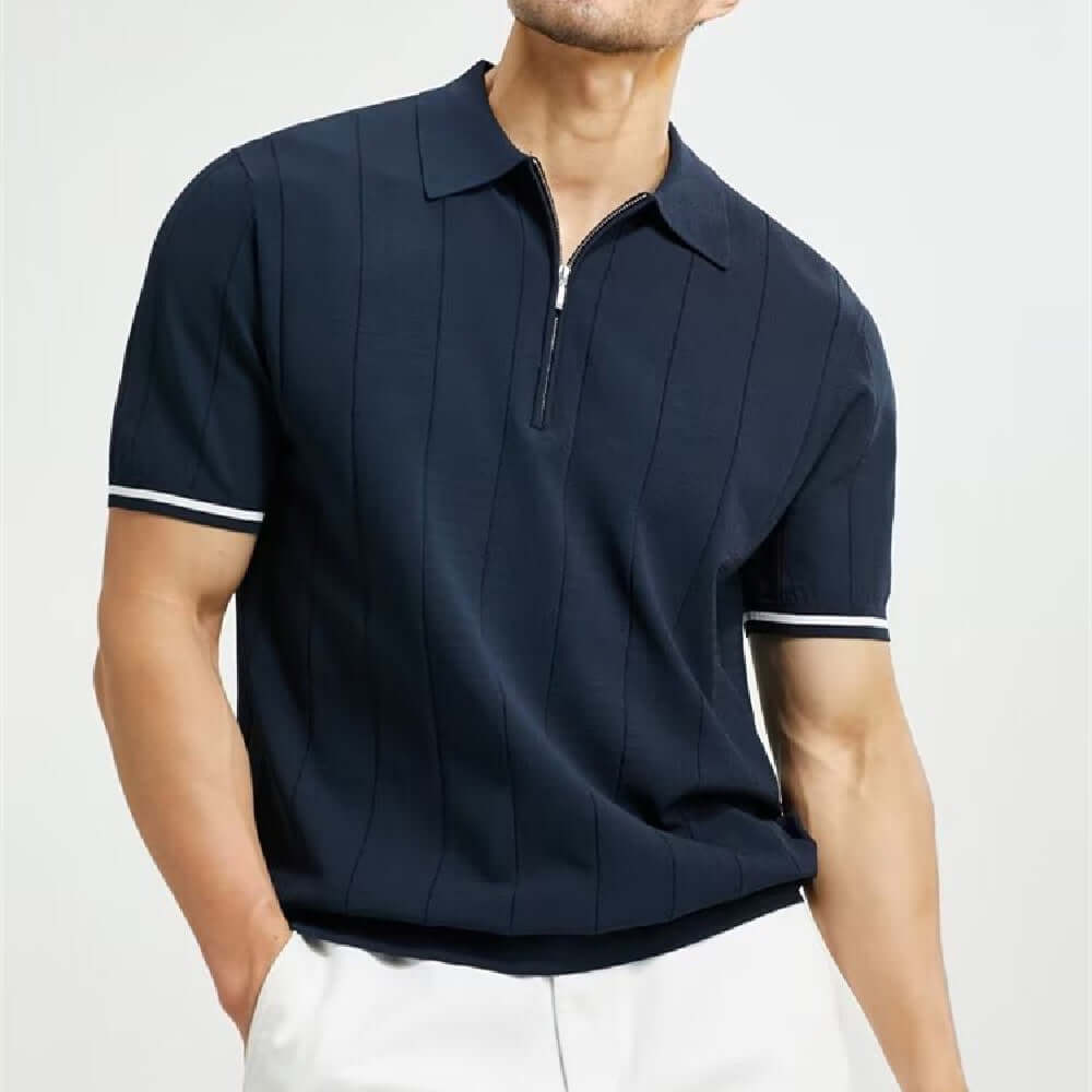 Men's short-sleeved navy polo shirt with zipper, stylish design and comfortable fit for summer wear.