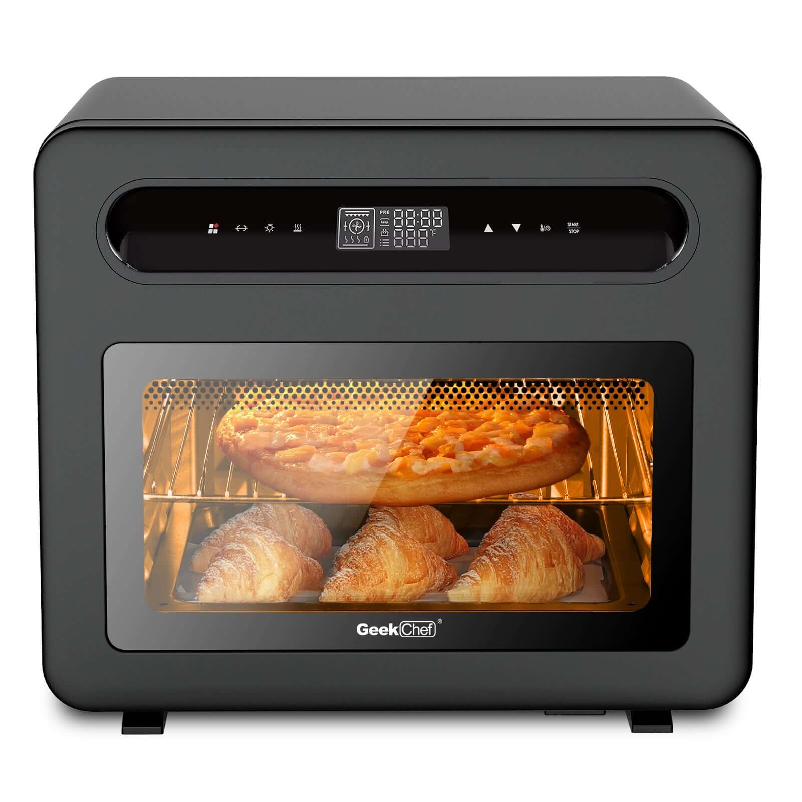 Geek Chef Steam Air Fryer Toast Oven Combo in black stainless steel with croissants and pizza visible inside.