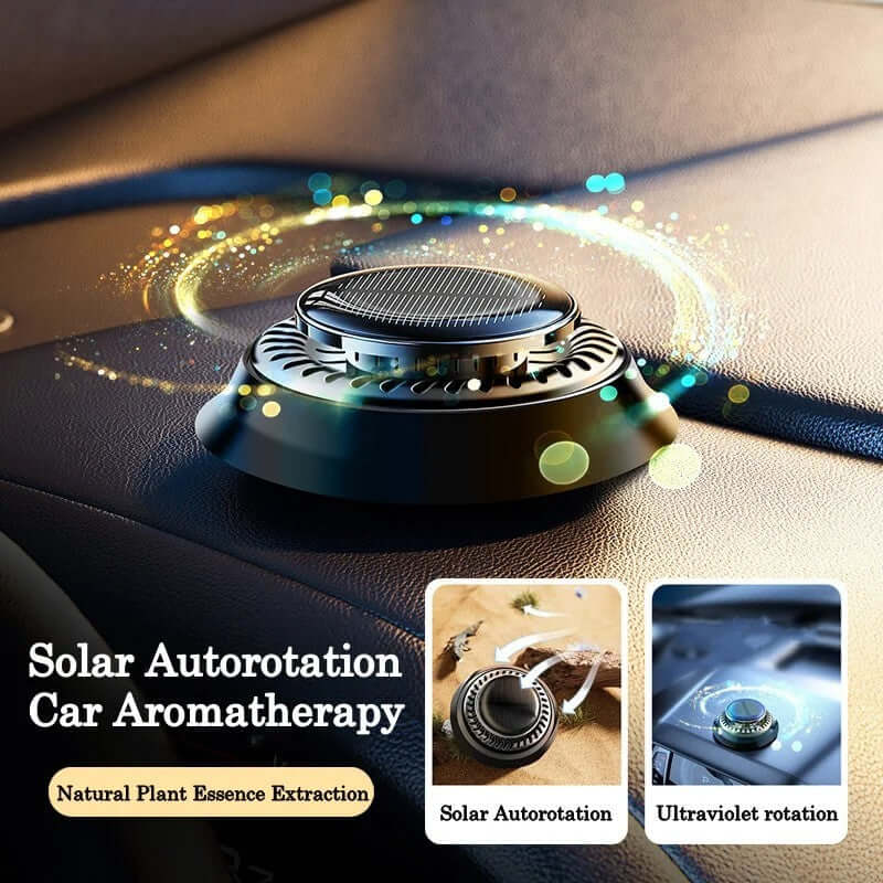 Solar-powered car air freshener with rotating design, promoting natural plant aroma diffusion for a refreshing drive.