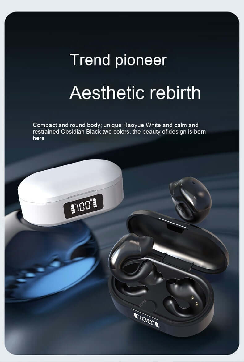 Trendy white and black Bluetooth earbuds with digital display in stylish charging case, promoting aesthetic design.