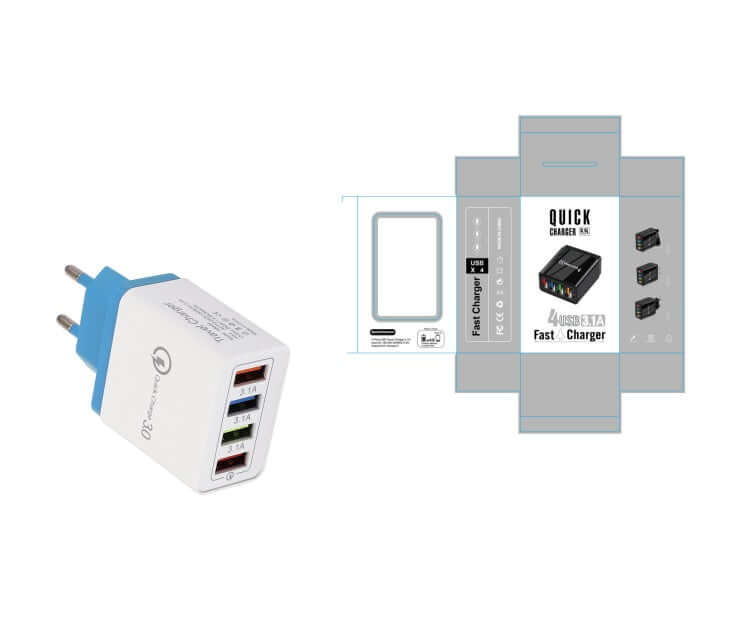 USB Charger Quick Charge 3.0 with 4 ports and packaging for fast charging multiple devices, ideal for home and travel use.