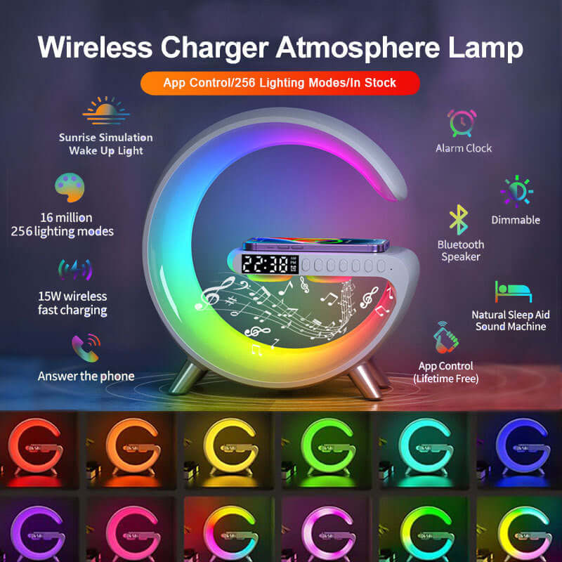 Wireless charger atmosphere lamp with Bluetooth speaker, app control, and 15W fast charging, featuring colorful lighting modes.