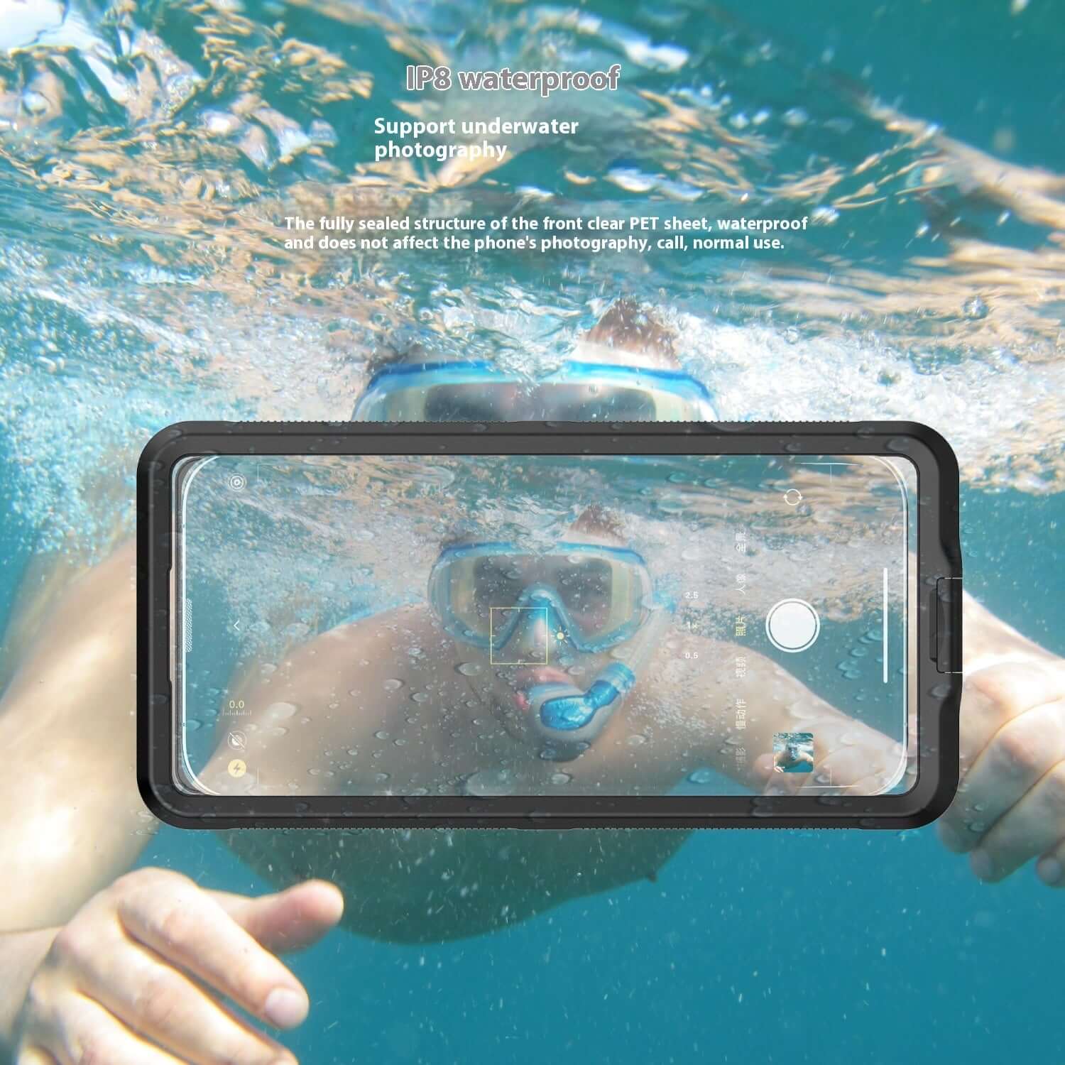 Waterproof phone case displayed underwater, showcasing IP68 protection and support for photography while diving.