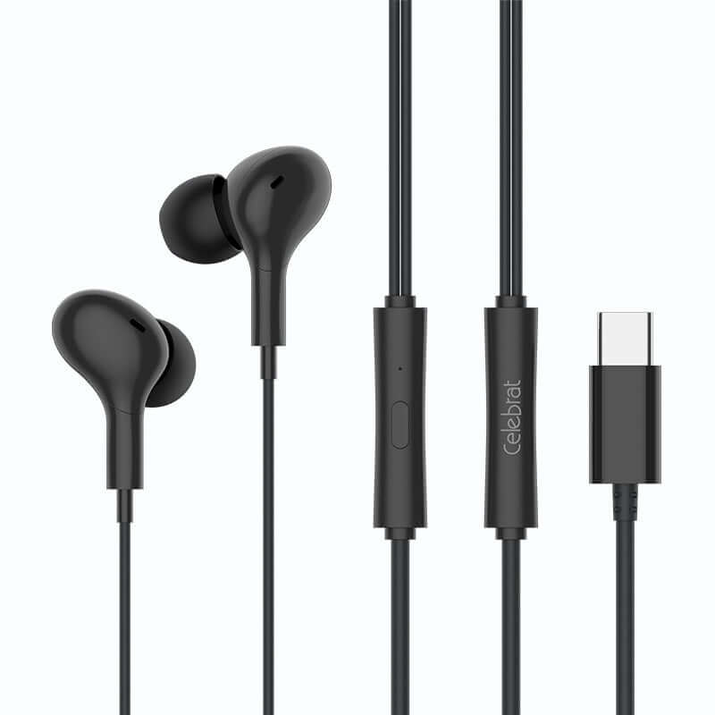 Celebrat in-ear Type-C headphones in black, featuring a 1.2m line length and built-in controls.