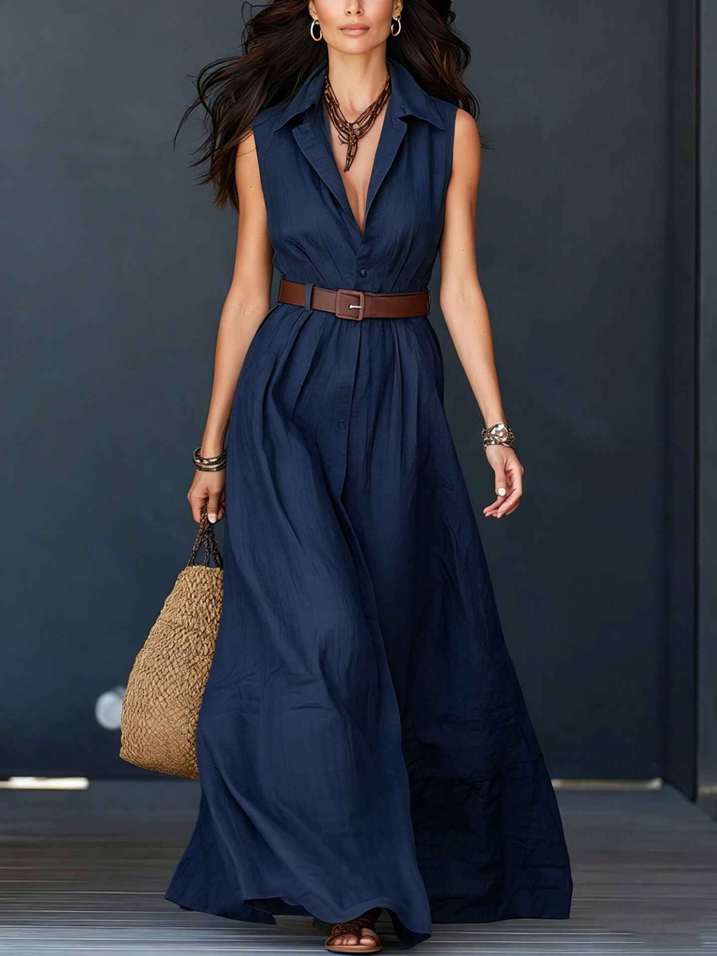 Sleeveless Lapel-neck Waist-cinching Shirt Dress - DBMP Shop