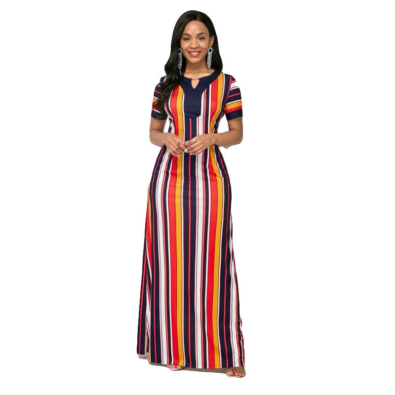 Women's Striped Small V Mid Waist Dress