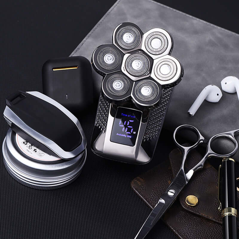 Men's five-in-one electric razor with LED display and floating cutter heads on a stylish countertop.