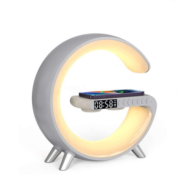 Intelligent G Shaped LED lamp with Bluetooth speaker and wireless charger, perfect for bedroom home decor.