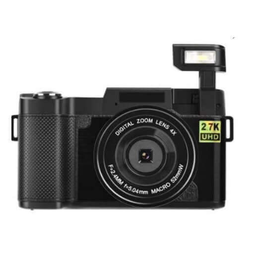 HD 27K R2S Digital Camera with flip screen, macro lens, and external flash for high-resolution photos and videos.