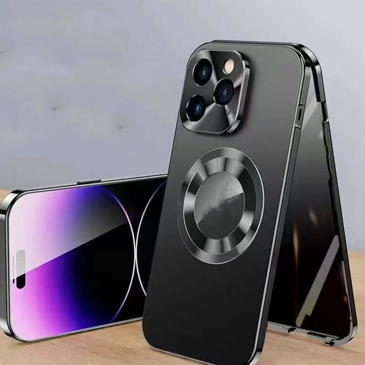 Magnetic cell phone case with anti-peep metal clip, compatible with iPhone models, showcasing a sleek design.