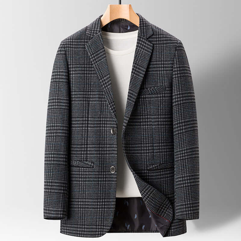 Men's fine plaid casual suit jacket in gray, perfect for light business attire and stylish everyday wear.