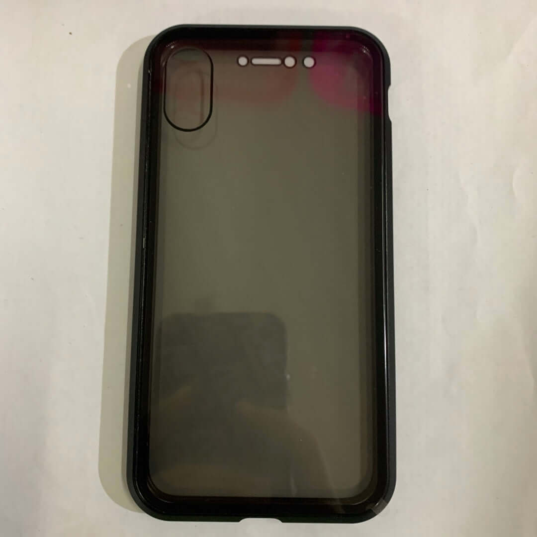 Black anti-peep magnetic phone case with tempered glass for iPhone, offering magnetic privacy and protection.