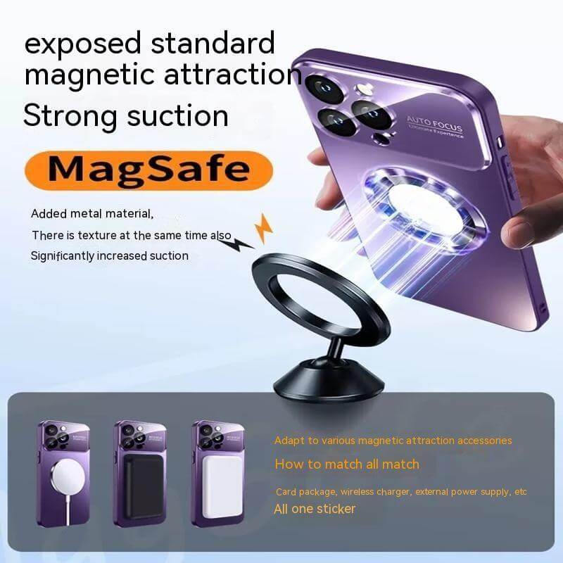 MagSafe magnetic attraction case in purple showcasing strong suction and compatibility with various accessories.