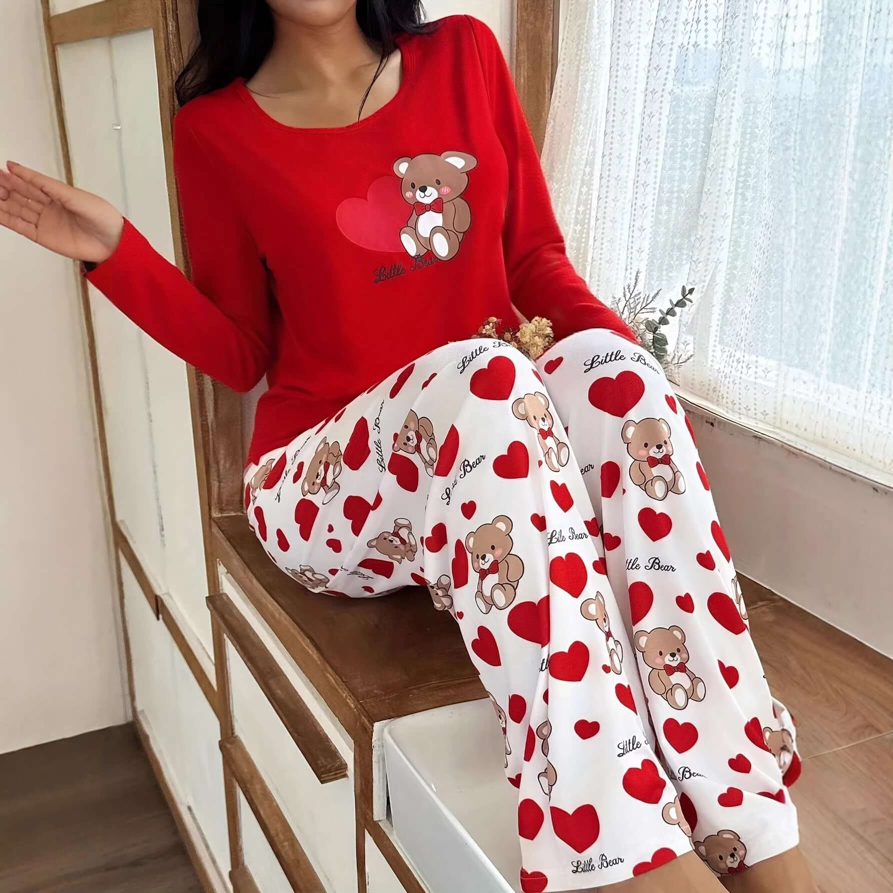 Womens Crew - Neck Bear And Heart Print Long - Sleeve Pajama Set With Long Pants - DBMP (Electronics And More Store)