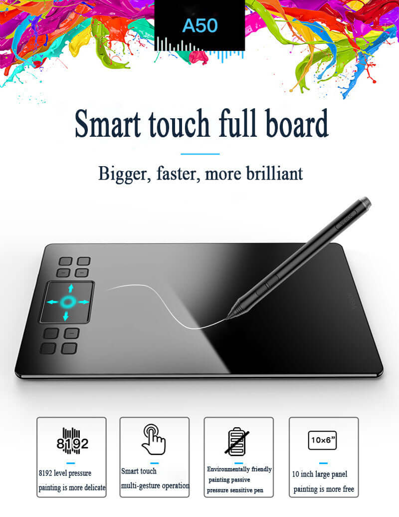 Smart touch digital drawing board with 8192 pressure sensitivity and multi-gesture operation for detailed art.