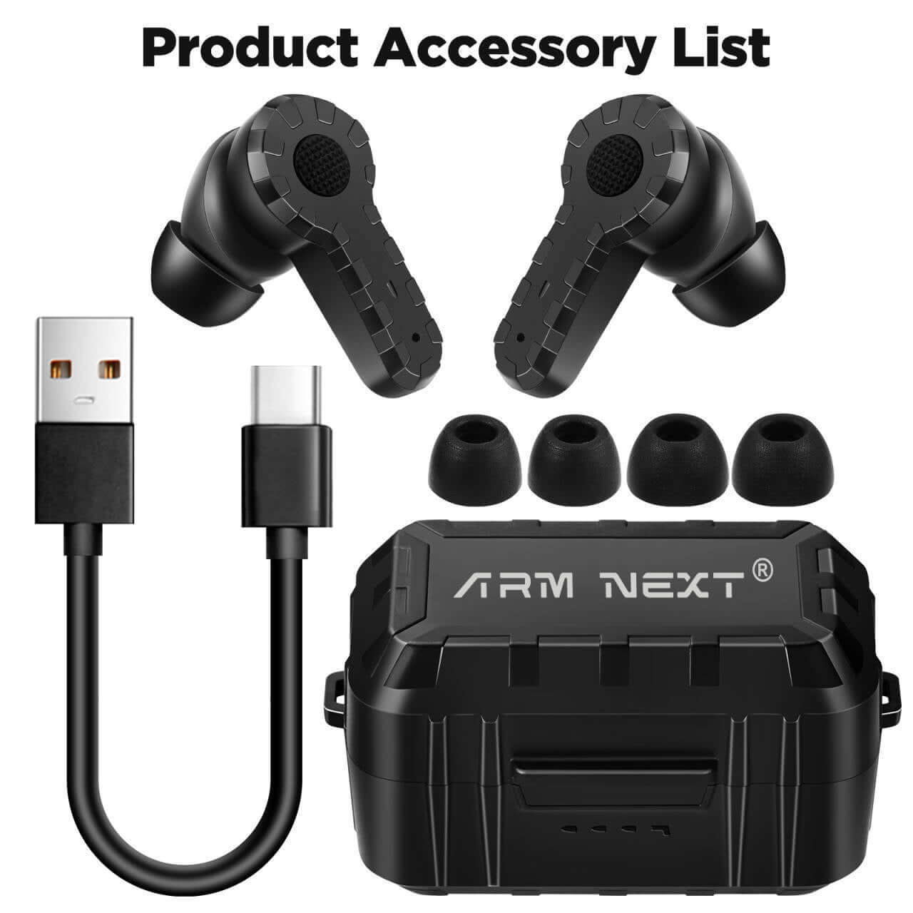 Tactical noise reduction headset accessories including earbuds, charging case, and USB cable.
