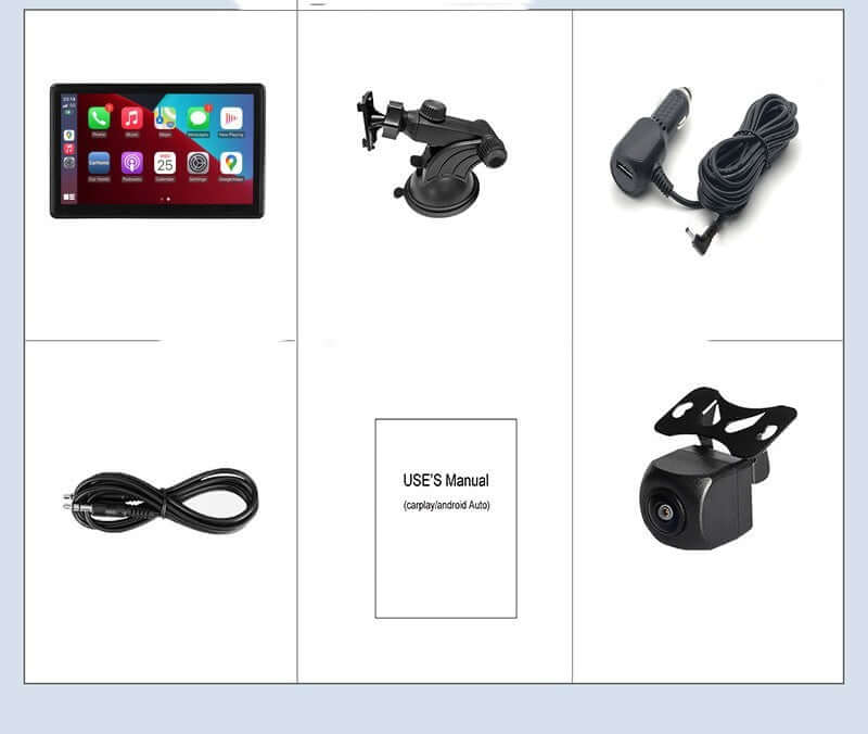 Portable IPS Car Smart Screen with accessories: navigator, charger, manual, and camera mount.