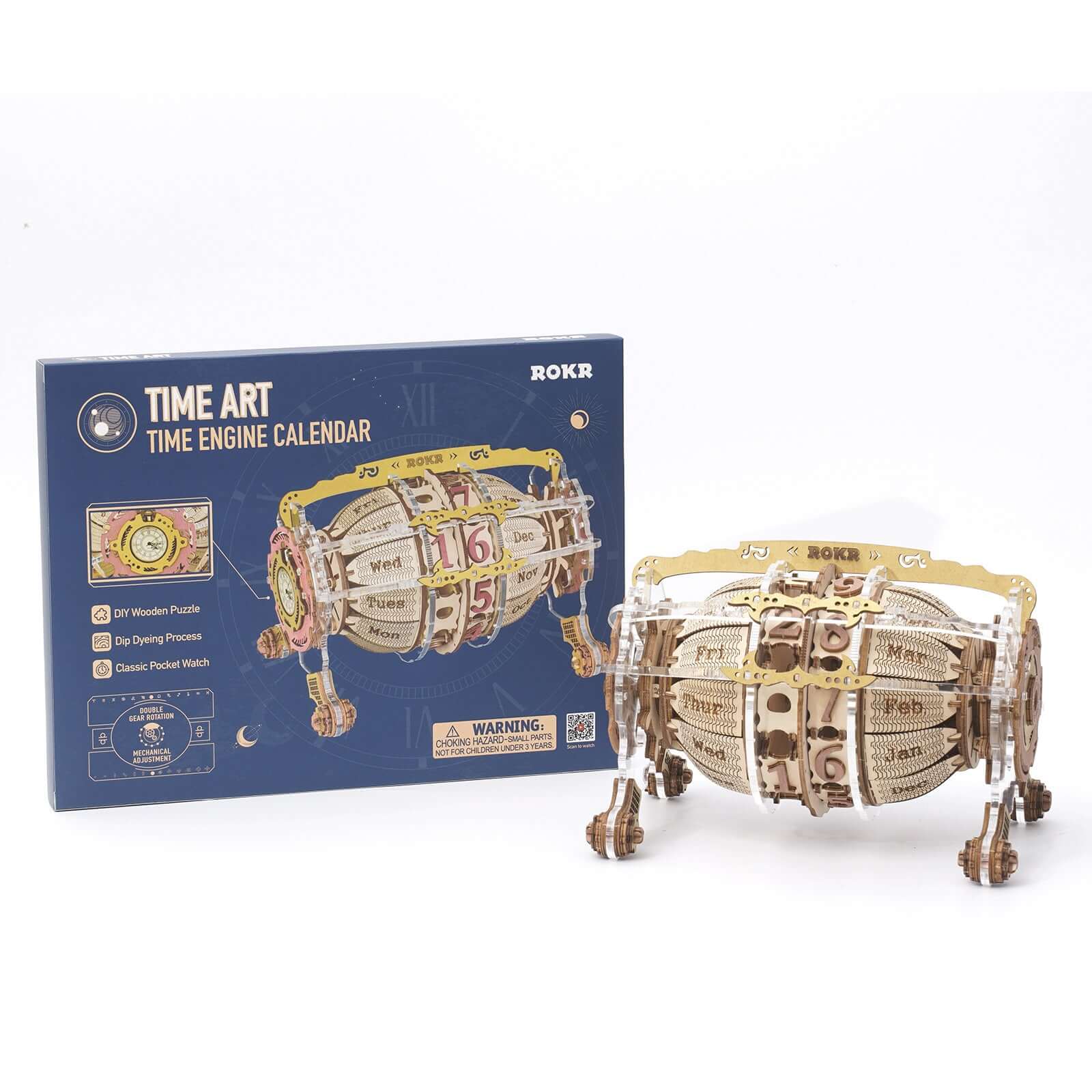 Robotime ROKR Time Engine Calendar wooden puzzle with detailed packaging box, ideal for puzzle enthusiasts and gifts.
