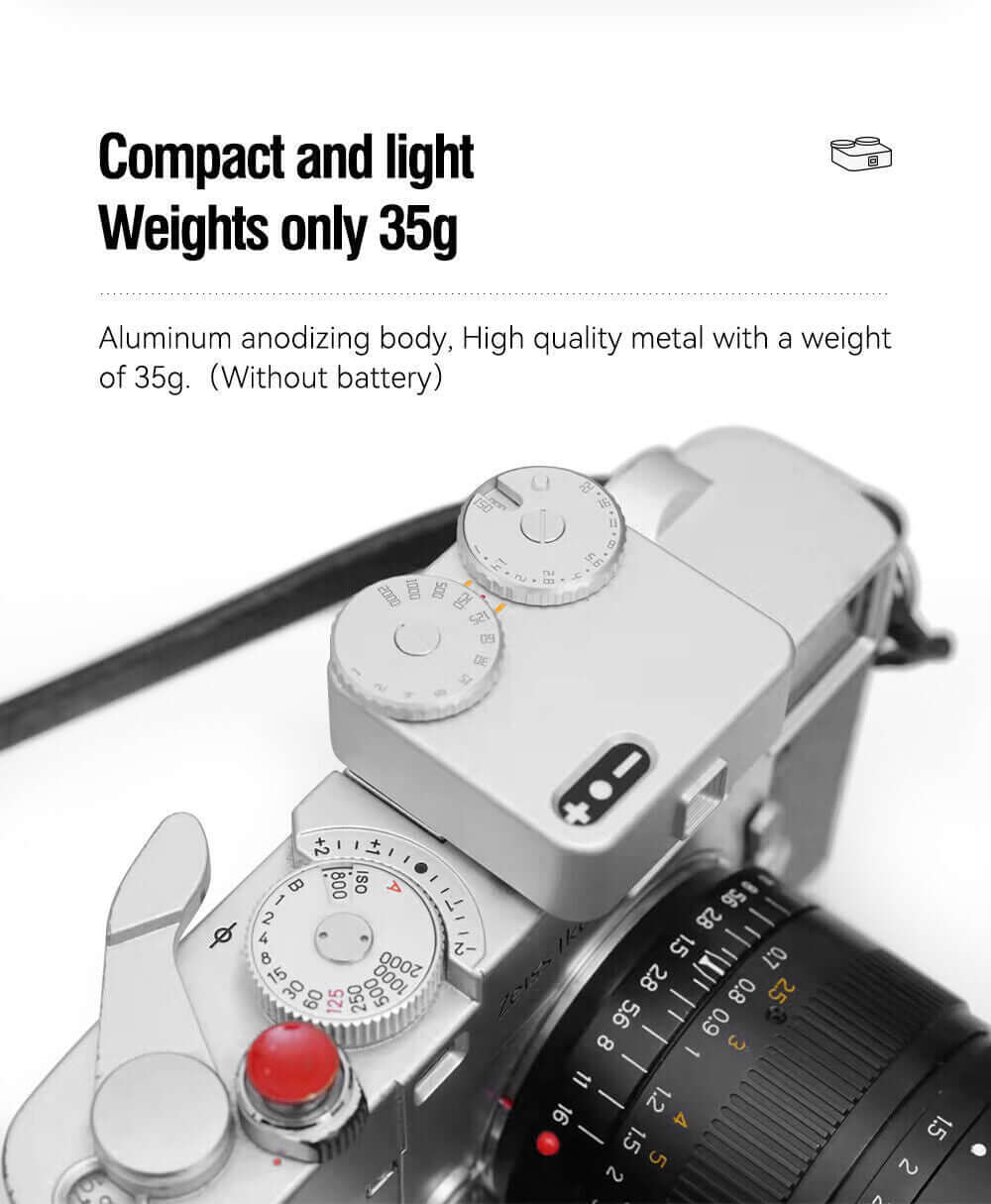 Compact and lightweight Leica camera body made of aluminum, weighing only 35g, showcasing high-quality metal design.