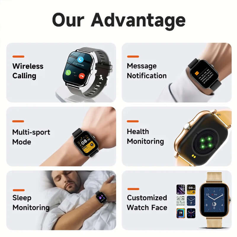 Features of a smart watch including wireless calling, health monitoring, sleep monitoring, and customized watch face.