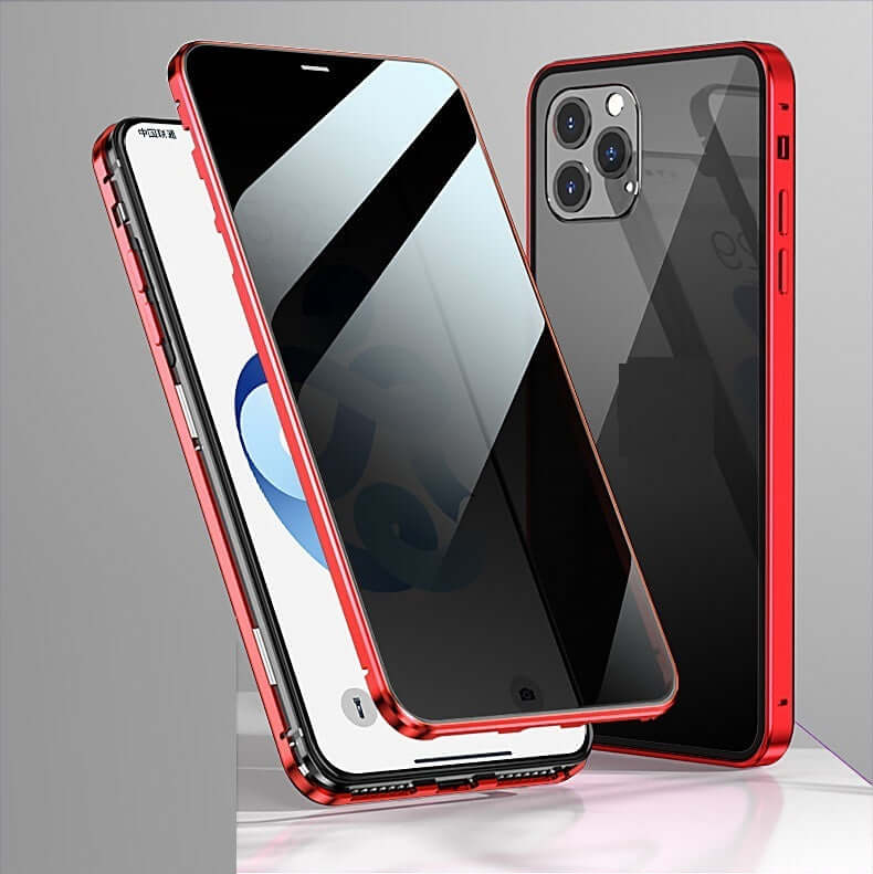 Double-sided glass cover anti-privacy protector case in red, showcasing magnetic adsorption and clamshell design for iPhone.