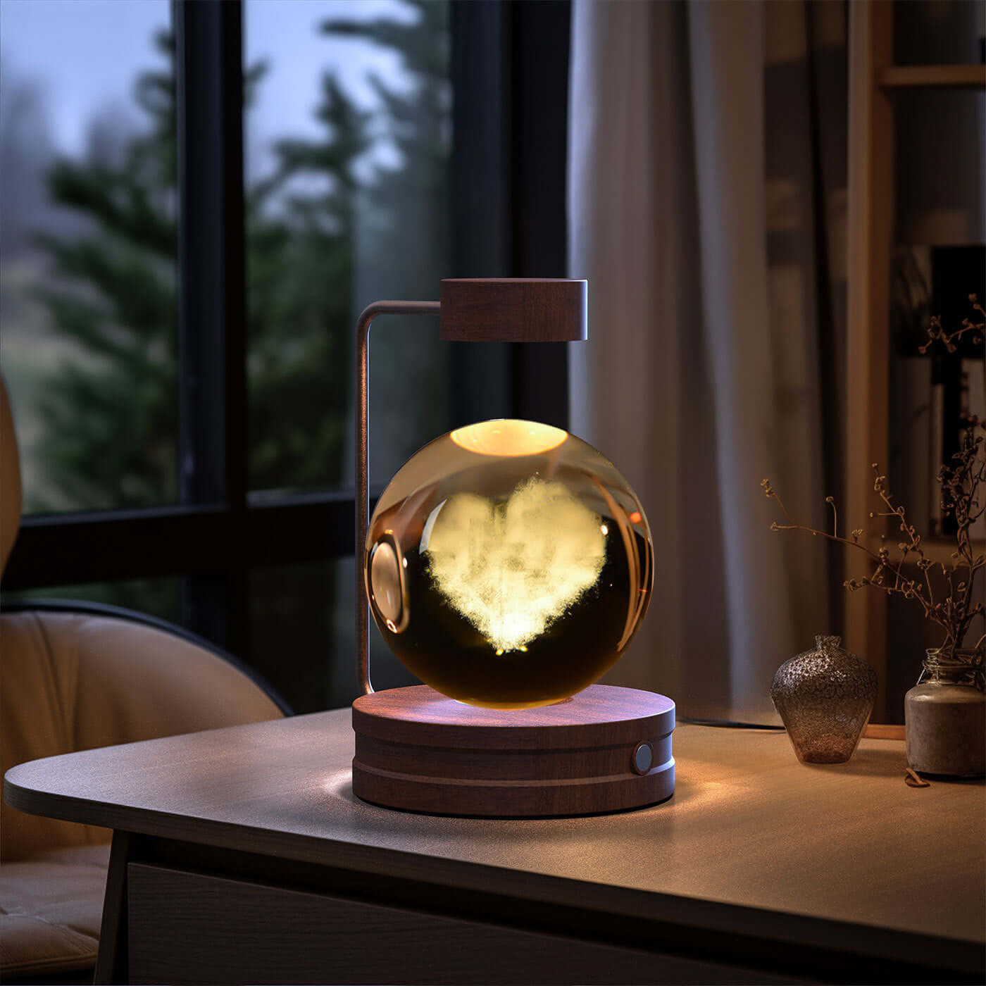 Warm crystal ball night light with heart pattern, creating a cozy atmosphere for home decor.