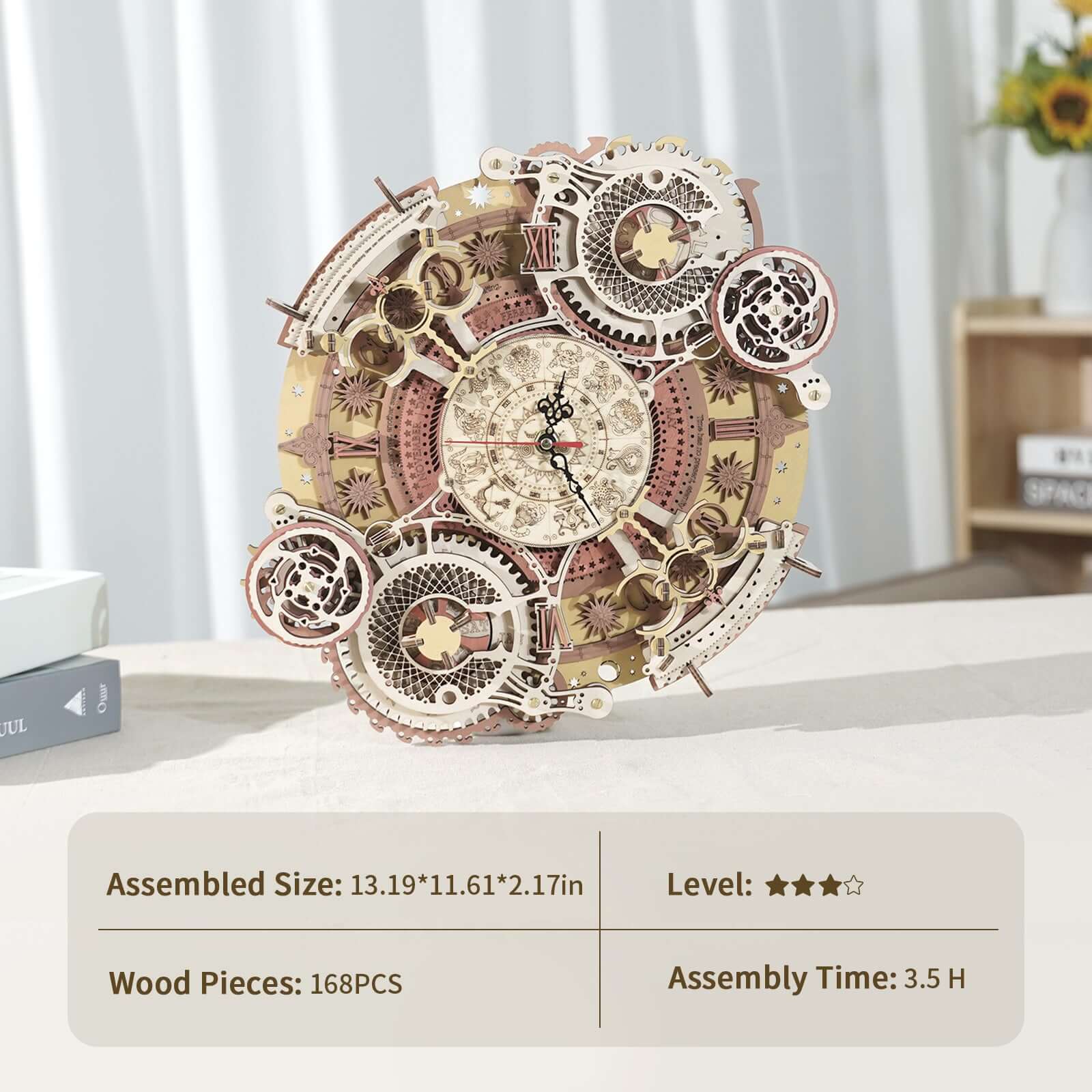 Robotime ROKR Zodiac Wall Clock 3D wooden puzzle model showcasing intricate design and details.