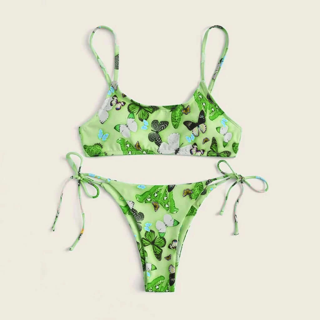 Summer flowers print bikini in green with butterfly design, stylish and comfortable women's beachwear.