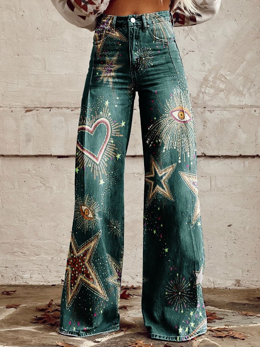 Wide - legged Pants Thermal Transfer Bell - bottom Pants Simulation Denim Trousers - DBMP Shop