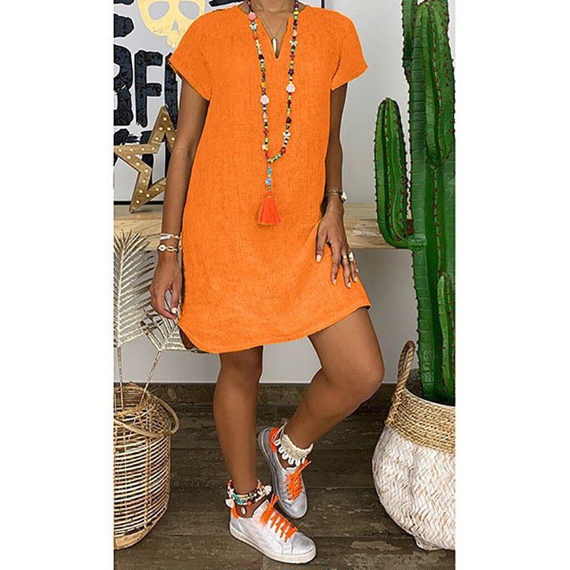 Womens Summer Casual Solid Color V Neck Short Sleeve Dresses Boho Beach Sundresses - DBMP Shop