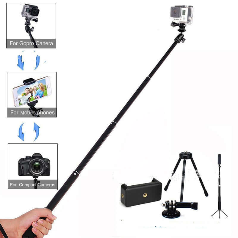 Camera selfie stick accessories set for GoPro and mobile phones, featuring tripods and clamps.