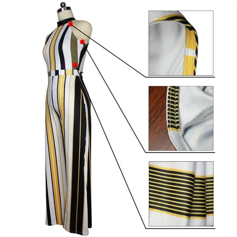 Summer romper jumpsuit featuring a striped design, halter neck, and elegant loose fit, perfect for office or casual wear.
