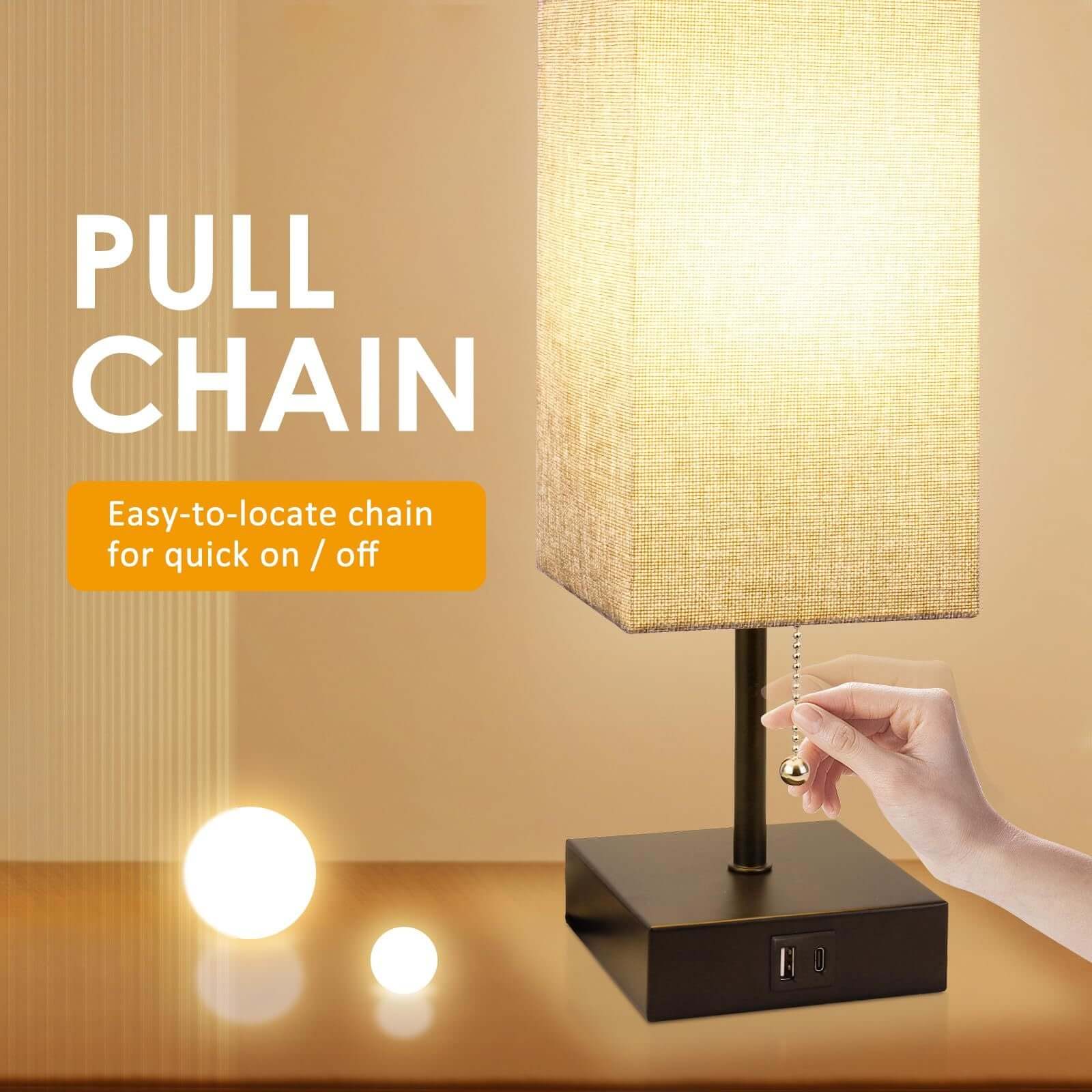 Stylish bedside table lamp with pull chain for quick on/off and USB ports, showcasing warm lighting and easy operation.