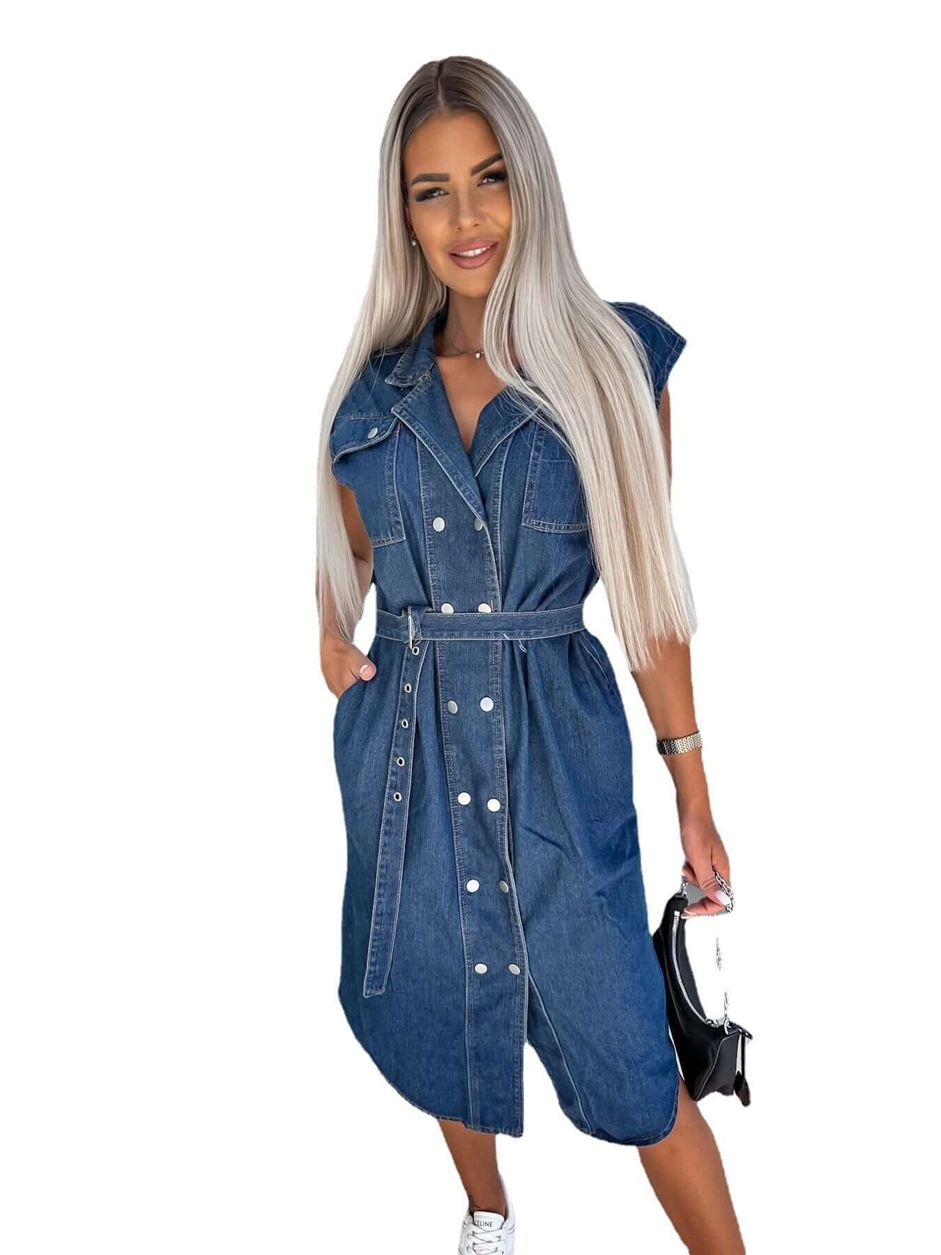 Light blue denim sleeveless polo collar dress with buttons, pockets, and waist tie, perfect for casual street style.