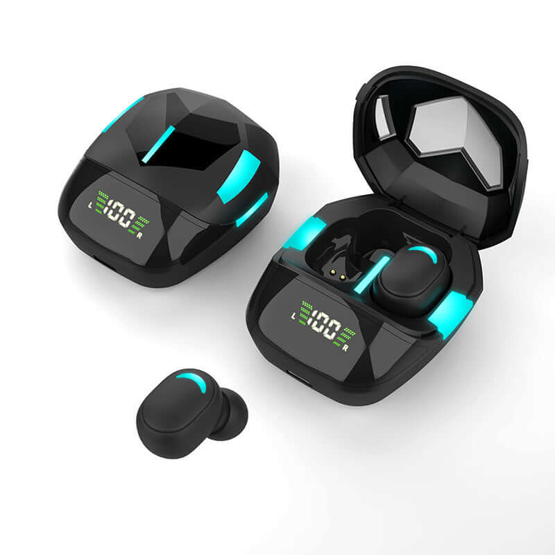 Gaming Bluetooth headset in charging case, featuring LED display and stylish design, perfect for low latency gaming.