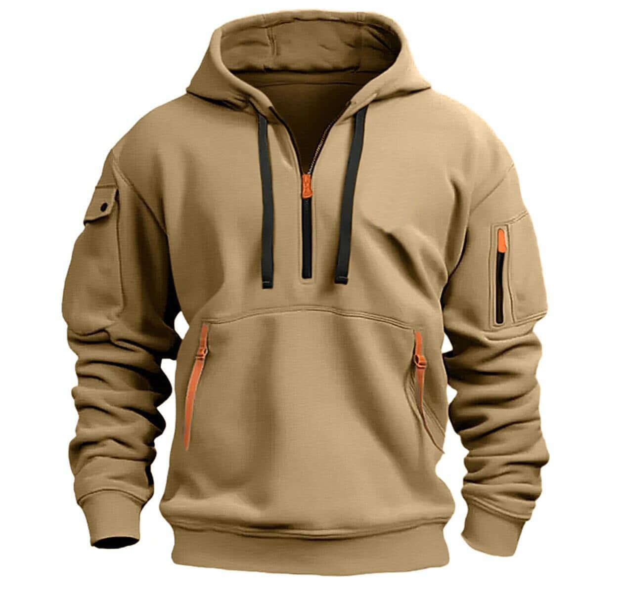 Men's plus size pullover hooded sweatshirt in khaki, featuring stylish pockets and comfortable fabric.