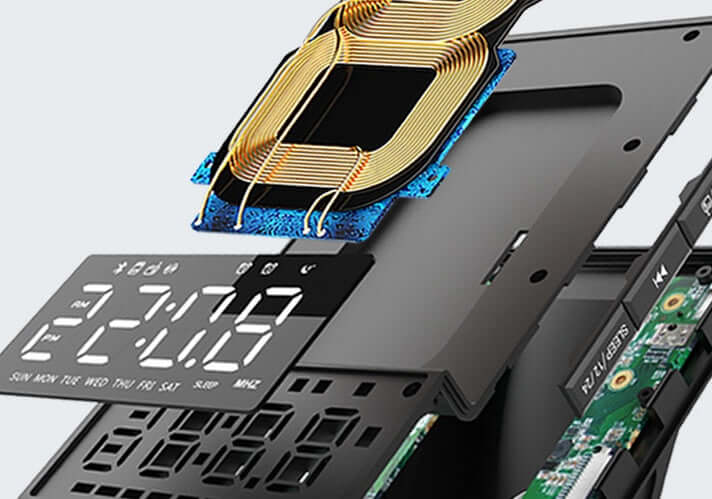 Close-up of Bluetooth charging alarm clock components, featuring digital display and wireless charging coil.