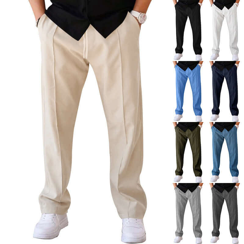 Men's casual loose straight trousers with drawstring design, available in various colors and comfortable fit.