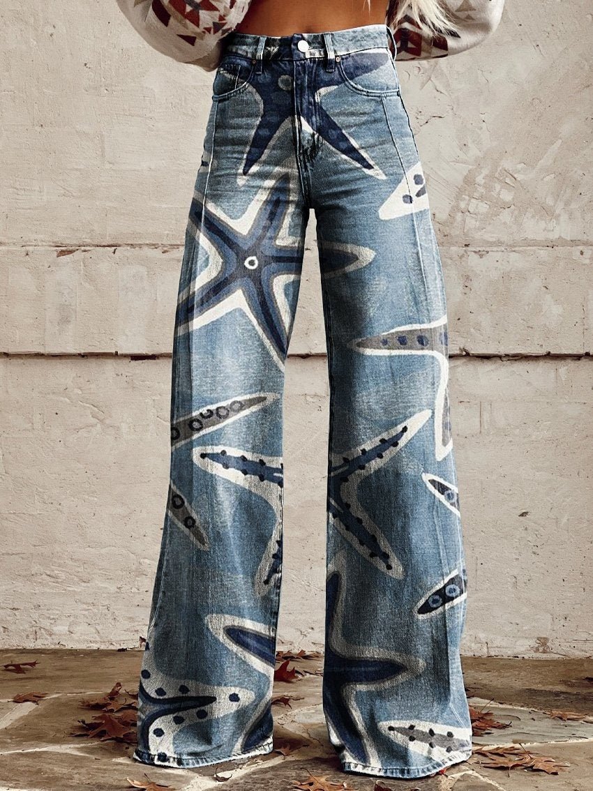 Wide - legged Pants Thermal Transfer Bell - bottom Pants Simulation Denim Trousers - DBMP Shop