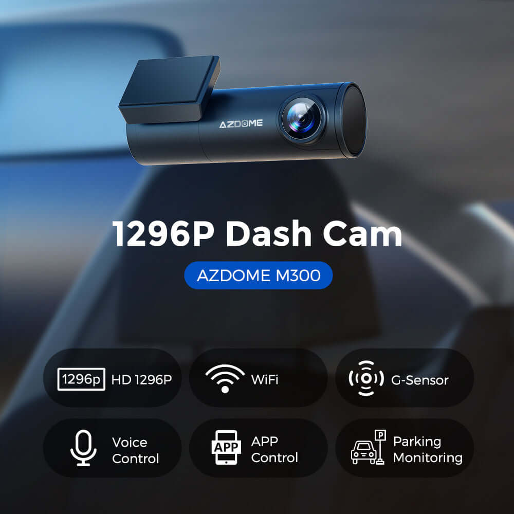 1296P HD dash cam AZDOME M300 with WiFi, voice control, and parking monitoring features for enhanced road safety.