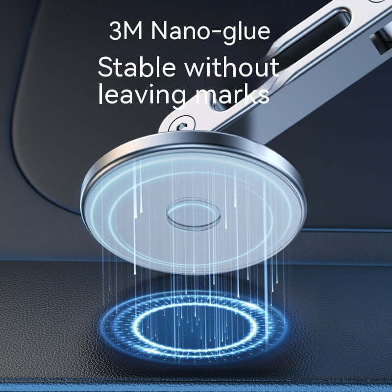 Magnetic car phone holder featuring 3M nano-glue for stability without leaving marks on surfaces.